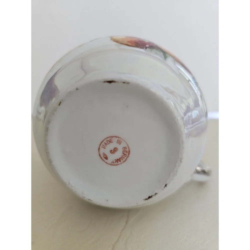 Vintage German Iridescent Cup With Flowers, Fruit, and Gold Details